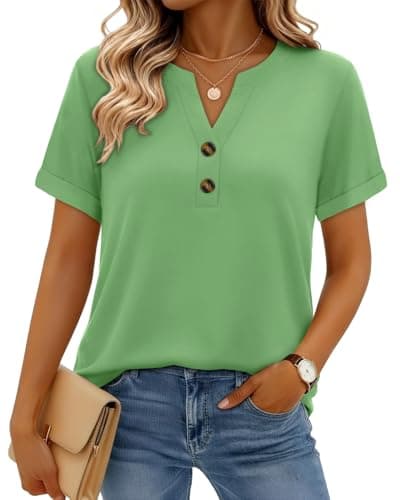 rosemia Henley Shirts for Women Short Sleeve Dressy Casual Blouses Summer V Neck Plus Size Tops 2026, Pure Green, L