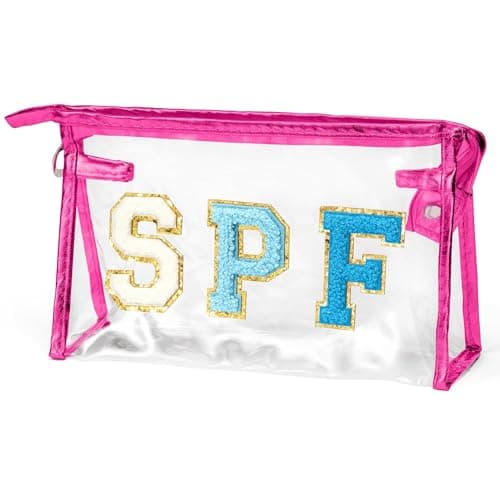 AsodSway Preppy Patch Cosmetic Bag - Summer SPF Varsity Letter Clear Toiletry Bag Rose Red Aesthetic Waterproof Portable Makeup Bag Transparent PVC Zipper Clutch Purse Travel Beach Bag for Women