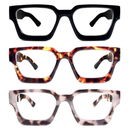 REAVEE 3 Pack Thick Frame Reading Glasses for Women Men, Oversized Fashion Square Blue Light Blocking Computer Readers Spring Hinges, Black/Leopard/Grey Leopard +2.5