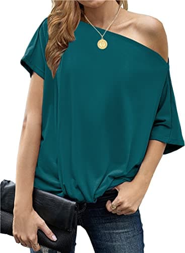 LEIYEE Summer Teal Off The Shoulder Tops for Women Sexy Casual Short Sleeve 2026 Trendy Ladies Cute Front Twist Knot Batwing Dolman Oversized T Shirts Loose Fit Blouse Clothes
