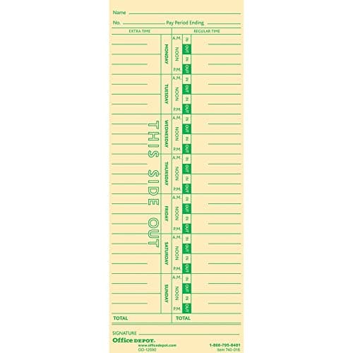 Office Depot Time Cards, Weekly, Monday-Sunday Format, 1-Sided, 3 3/8in. x 8 7/8in., Manila, Pack Of 100, GB-740016