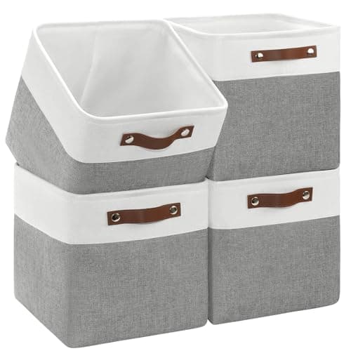 Patvingot 4-Pack Foldable Fabric Storage Cubes 11x11 Inch, Sturdy Cube Organizer Bins with Leather Handles, Storage Baskets for Closet Shelves and Home Organization(White/Gray)