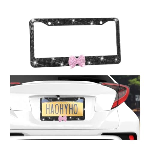 Norkmdi Bling Bow Car License Plate Frame, 2PCS Sparkly Rhinestone Vehicle License Plate Cover for Women Girls, Diamond Automotive Front Rear Number Tag Holder, Universal for SUV RV (Black/Pink)