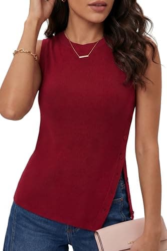 Arach&Cloz Womens Summer Tank Tops 2026 Cashmere Sweater Vest Spring Sleeveless Crew Neck Side Slit Button Blouses Cute Dressy Business Casual Trendy Basic Teacher Outfits Burgundy Red XXL