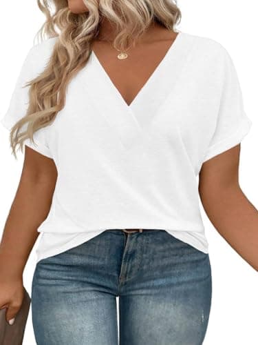 Beautife Womens Plus Size V Neck T Shirts Short Sleeve Summer Dressy Casual Tunic Tops Loose Fit Tees Blouse White