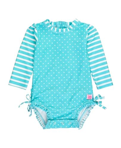 RuffleButts Baby Girls UPF 50+ Sun Protection Polka Dot Long Sleeve One Piece Rash Guard Swimsuit with Zipper - Bright Aqua Heart Polka, 0-3m