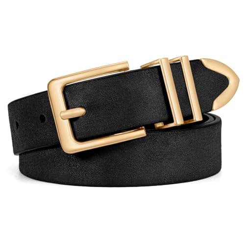 WHIPPY Women Suede Belt with Gold Buckle Fashion Ladies Casual Leather Belt for Jeans Pant Coats, Black Shiny-Gold, XL
