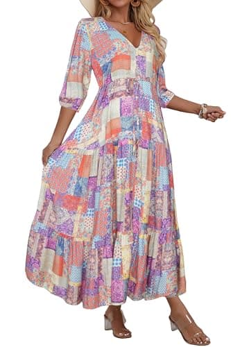 HECCPLI Womens Boho Maxi Dress V Neck Short Sleeve Floral Print Sundress