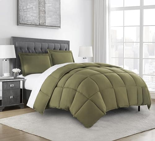 Chezmoi Collection 3-Piece All Season Queen Comforter Set Olive Green, Soft Quilted Down Alernative Duvet Insert with Corner Tabs, Lightweight Microfiber Bedding, 88 x 88 Inches