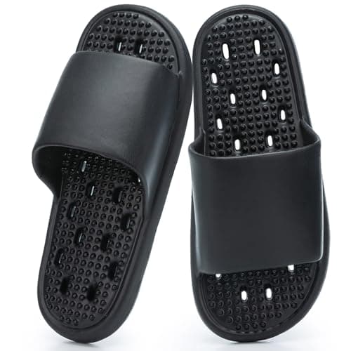 GOEWY Shower Shoes Slippers Women Men with Drain Holes House Gym Shower Slides Quick Drying Bathroom Beach Sandals Lightweight Non-Slip Size 7 8 Black
