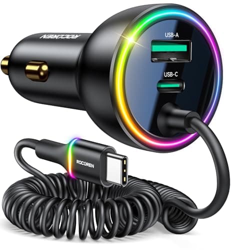 Rocoren 70W Car Charger for iPhone 17/16 Pro Max, USB C Car Charger Fast Charging with 8.2Ft Type C Coiled Cable, Super Fast Cigarette Lighter USB C Phone Adapter for iPhone 15, iPad, Samsung, Android