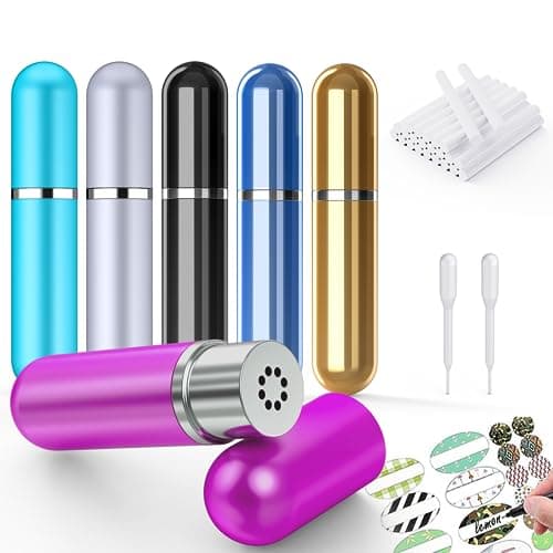 6 Pack Aromatherapy Nasal Inhaler Tubes for Essential Oils, Portable Reusable Blank Aluminum Nasal Inhalers with 2 Mini droppers 24 Cotton Wicks and 24 Writable Stickers