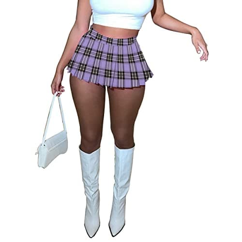 Women's Plaid Mini Pleated Skirts Sexy Club Y2k High Wiast Stretchy Tennis Skater A-line Skirt (21653 Purple Plaid-S)