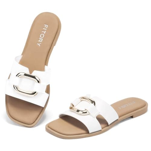 FITORY Women's Flat Sandals Fashion Square Open Toe Slides With Metal Chain Slippers for Summer Size 8 White