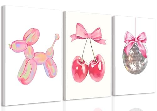 Trendy Pink Bows Canvas Wall Art Set of 3, Vintage Preppy Cherry Disco Ball Posters Wall Decor, Pink Girly Room Aesthetic Painting Prints for College Apartment Living Room Bedroom 12x16 In Framed