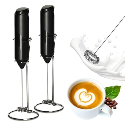 YSSOA Electric Milk Frother Handheld with Stainless Steel Stand Battery Operated Whisk Drink Mixer for Coffee, Frappe, Matcha, Latte, Hot Chocolate, Mini Hand Blender, Black 2 Pack
