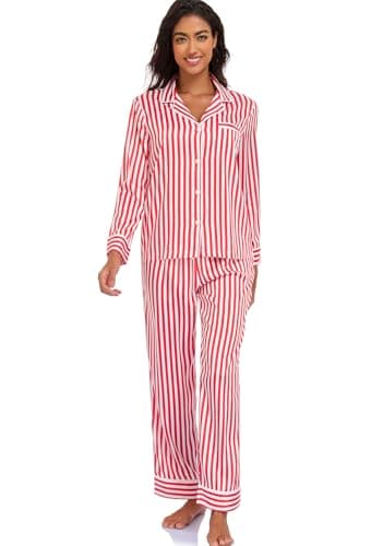 Serenedelicacy Women's Satin Pajama Set Long Sleeve Button Down Sleepwear 2-Piece Silky Pj Set (Large, Red, Striped)