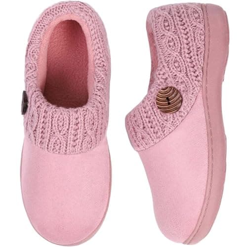 EverFoams Women's Microsuede Slippers Warm Comfy Memory Foam Indoor House Shoes with Knit Collar (5-6 M US, Pink)