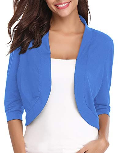 iClosam Women 3/4 Sleeve Cropped Cardigans Open Front Bolero Shrug Knit Sweater Jacket (XX-Large, Blue)