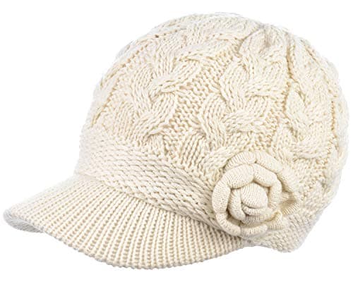Womens Winter Elegant Cable Flower Knitted Newsboy Cabbie Cap Beret Beanie Hat with Visor, Warm Plush Fleece Lined
