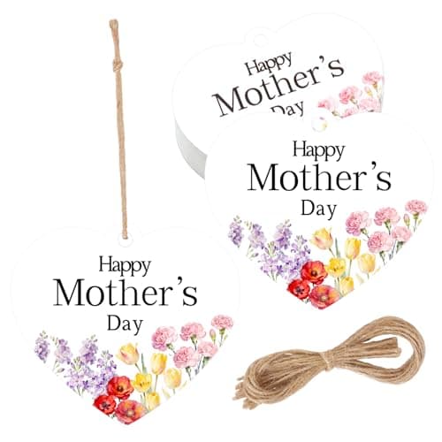 50Pcs Mothers Day Gift Heart Shape Tags Happy Mothers Day Tags with String Flower Unique Mom Thank You Hanging Paper Gift Label Tag for Treat Bag Party Decor Wrapping Mother Day Decoration