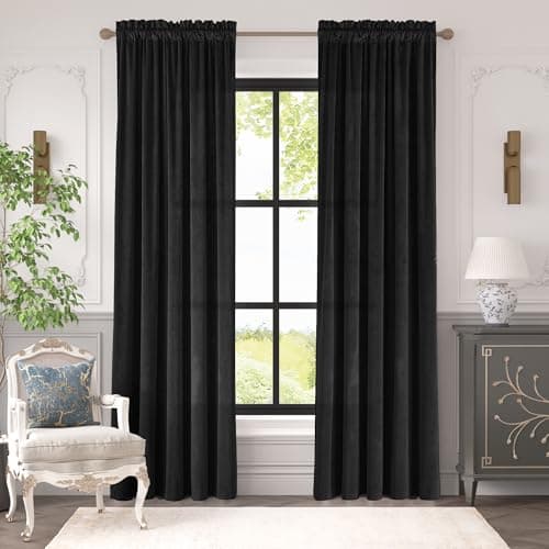 jinchan Velvet Blackout Curtain for Living Room, Thermal Insulated Luxury Drape for Bedroom 84 Inch Long, Stylish Soft Privacy Room Darkening Window Treatment Rod Pocket 1 Panel, Black
