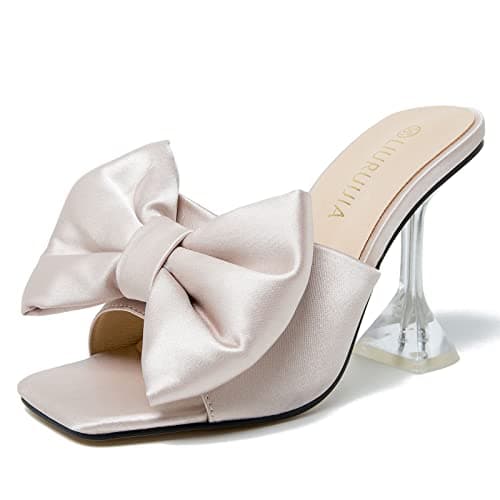 LIURUIJIA Women's Satin Bow Mule Heels, Dressy Heeled Sandals, Square Open Toe Slip On Mules for Party, Wedding, Evening, Date Night Nude 40 US 8