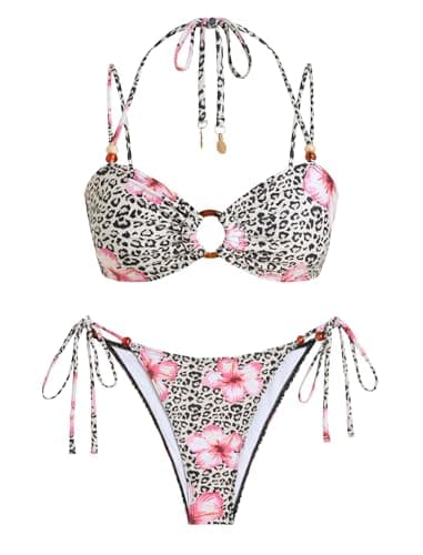 ZAFUL Women's Bandeau Bikini Strapless O Ring Lace Tie Back High Cut Two Piece Swimsuit Bathing Suits (Z-Leopard, M)