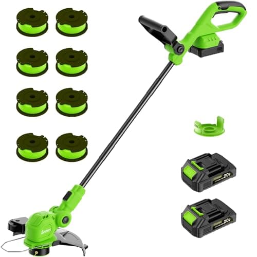 SUNCHERS 12-inch 20V Cordless Weed Wacker Weed Eater with Charger, 2 X 2.0Ah Battery Powered String Trimmer Grass Mover with Auto Line Feed, 2 in 1 Lawn Edger Grass Cutter Spool Line and Cap, Green