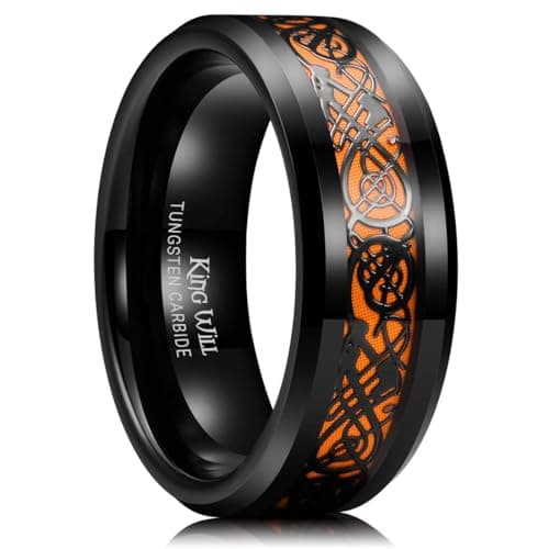King Will Dragon 8mm Black Mens Celtic Dragon Tungsten Carbide Wedding Band Ring Orange Carbon Fiber Tungsten Ring for Men 14