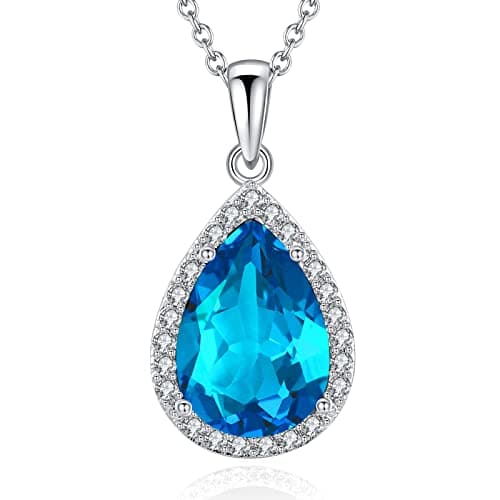 VONSSY Classic Oval Pendant Gemstone Necklace | Crystal Ruby Waterdrop Birthstone Teardrop Emerald Necklace | 18K Platinum Plated Chain | Stylish Meaningful Jewelry Gift for Mother Wife (Blue)