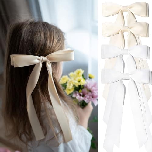 Hair Bows for Women, 4 Pcs Hair Ribbon Coquette Bows for Girls Long Tail Tassel Metal Barrettes for Women Accessories