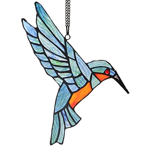 Bieye W10049 Hummingbird Tiffany Style Stained Glass Window Hangings Suncatcher with Chain and Suction Cup Hook (7" W x 8" H)