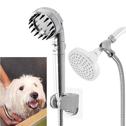 Hygie Rinse Handheld Dog Shower Attachment with Massage Head for Fast and Easy Dog Bathing and Cleaning, Included Garden Adapter for Indoor and Outdoor Dual Use, Handheld Sprayer with Hose, Chrome