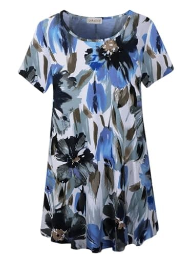 LARACE Floral Tops for Womens Tunic Plus Size Short Sleeve Shirts Loose Fit Summer Clothes Casual Flower Blouses(A-Blue35 S)