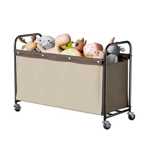 StorageWorks Toy Box with Wheels for Kids, 135L Large Toy Storage Chest and Organizer, 23" Metal Toybox with 360° Swivel Wheels for Bedroom, Kids Room, Stuffed Animal Storage, Light Khaki