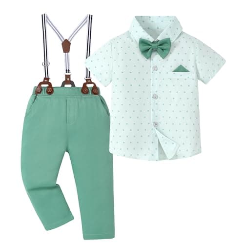 Little Boy Suit Slim Fit White Print Dress Shirt Aqua Green Suspender Pants Sets for Toddler Boys 5-6 Years