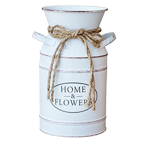 MISIXILE Rustic Farmhouse Vase Galvanized Milk Can, Metal Decorative Shabby Chic Jug Bucket Vase Decor - Cream White
