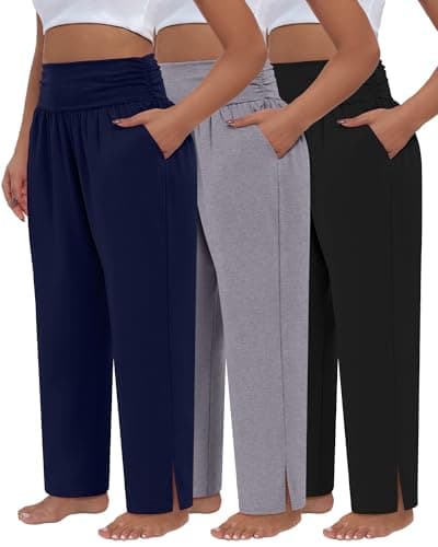 Locoowai 3 Pack Women's Plus Size Pleated Wide Leg Pants, Side Slit Lounge Yoga Pants Casual High Waist Palazzo with Pockets(Black, Light Mixed Gray, Navy Blue,4X-Large)