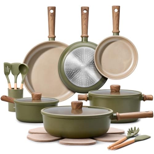 CAROTE 21pcs Ceramic Cookware Set Nonstick Pots and Pans set, Induction Cookware Set Kitchen Cooking Sets, Pot and Pan Non Stick w/Frying pan (PFAS Free), Green