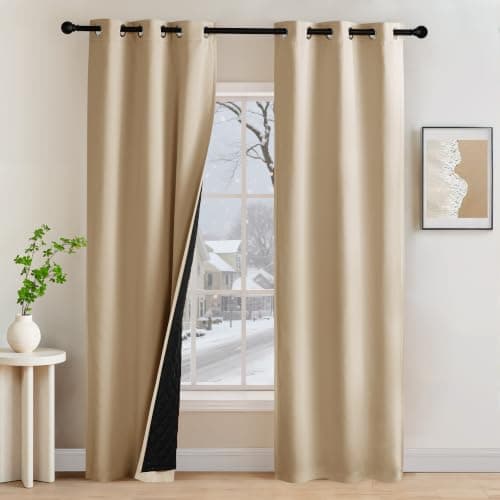 NICETOWN 2 Panles Thermal Insulated Blackout Doorway Curtains 80 inches Long, Room Darkening Grommet Drapes with Black Liner Noise Reducing Window Cover for Bedroom Living Room, Biscotti Beige, 34" W