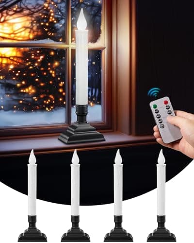 SURAIELEC Battery Operated Christmas Window Candles with Remote, Timer, Dimmable, Window Candle Lights with Removable Candle Holders, Christmas Candles for Window, Mantel, Matte Black, 4-Pack