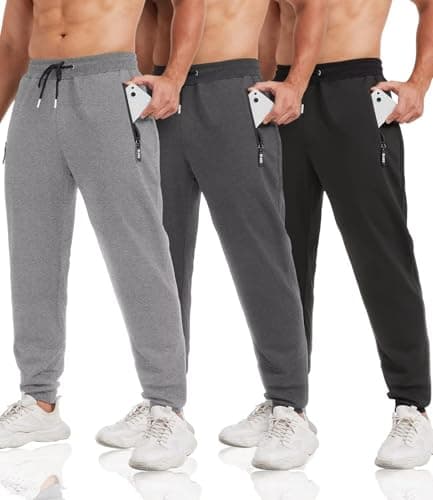 lomsoe 3 Pack Sweatpants for Men Tapered Mens Joggers Pants with Zip Pockets Fleece Slim Fit Workout Running Gym Sweat Pants(Black,Dark Gray,Light Gray,2XL)
