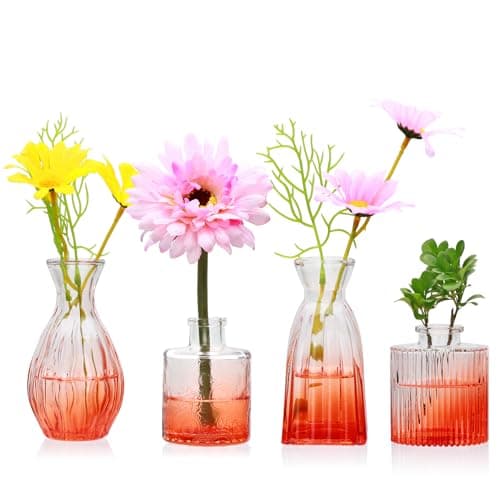 Mapoxy Glass Bud Vases Set of 4,Small Orange Flower Vases for Wedding Centerpiece Table Decorations,Clear Vintage Embossed Mini Vases,Flower Arrangements in Vases for Party or Home Decor