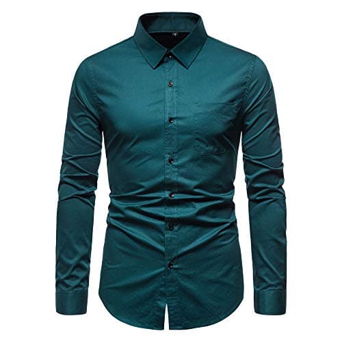 VANCOOG Men's Long Sleeve Solid Cotton Button Down Work Dress Shirt-Acid Blue with Pocket-XL