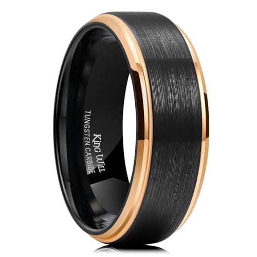 King Will 8mm Mens Black and Rose Gold Wedding Band, Brushed Two Tone Tungsten Carbide Ring Step Edge Polished Finish Rings, Comfort Fit, Size 7.5