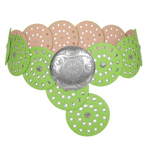 LEACOOLKEY Women Western Leather Belt Boho Disc Conch Waist Belt for Dress Jeans