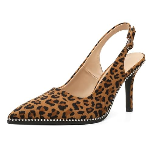 Zamikoo Women Beaded Pumps High Heel Slingback Pointed Toe Slip On 3.5 Inch Stilettos Ankle Strap Adjustable Buckle Fashion Dress Shoes for Party Event Leopard Suede US Size 7.5