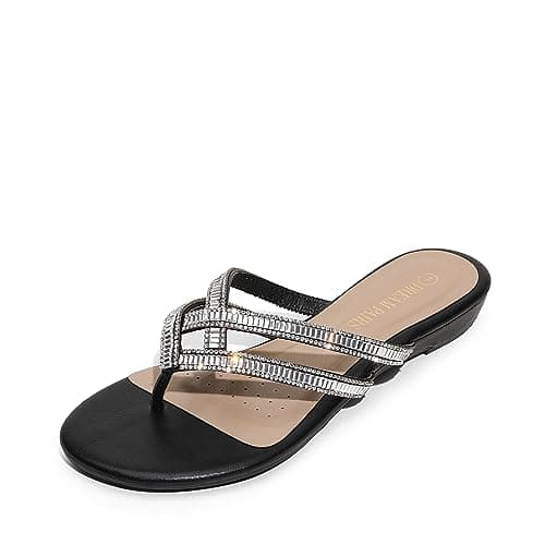 DREAM PAIRS Women's Rhinestones Flat Slides Sandals,Black Glitter,5.5