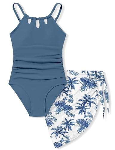KANGKANG Girls Swimsuit, Girls Swimsuits Size 10-12 Quick Dry Cut Out One Piece Bathing Suit with Tropical Print Cover Up Skirt Teen Bathing Suits Swimwear Set